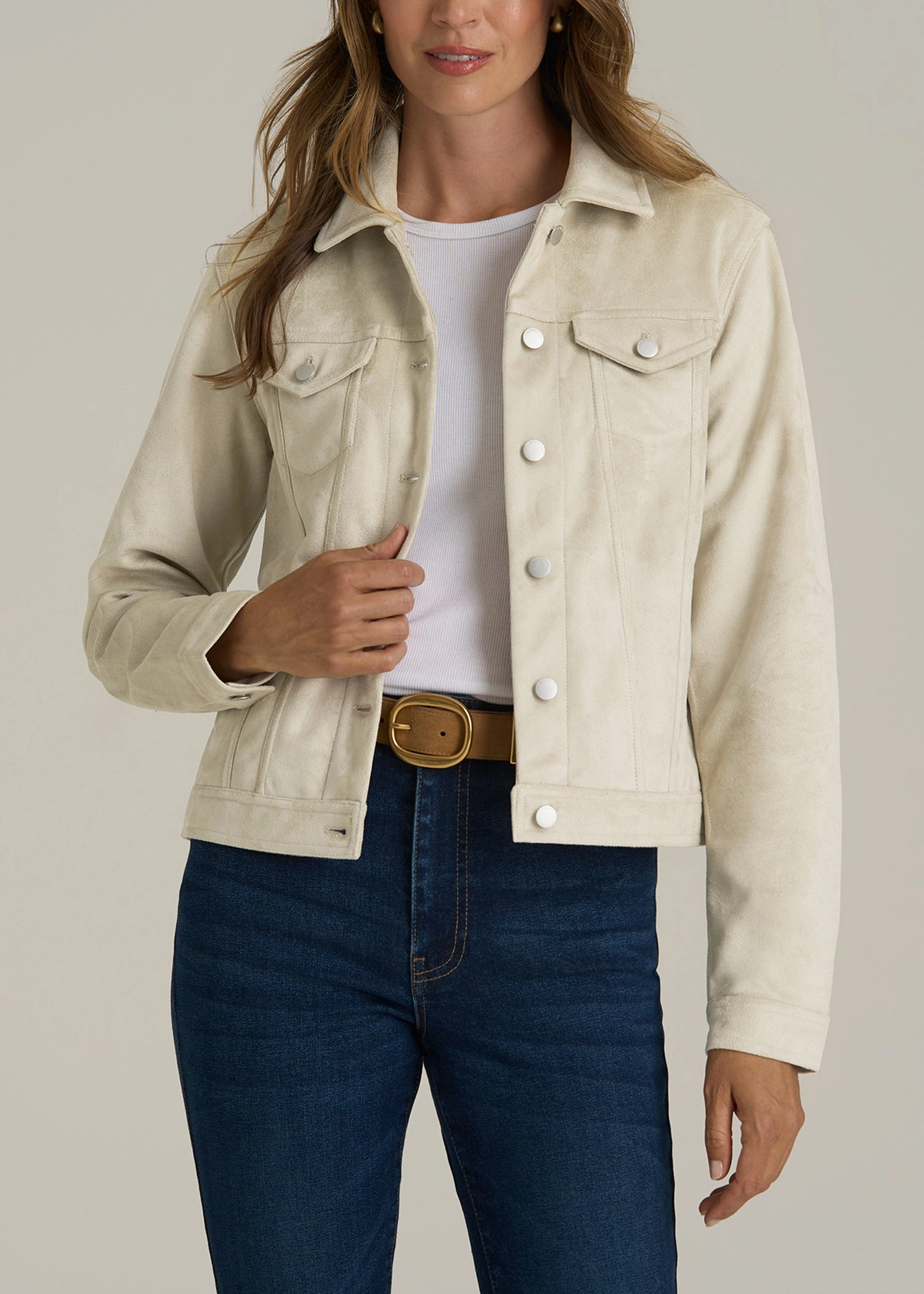 Weatherproof Construction True Touch Suede Trucker Jacket for Tall Women in Overcast