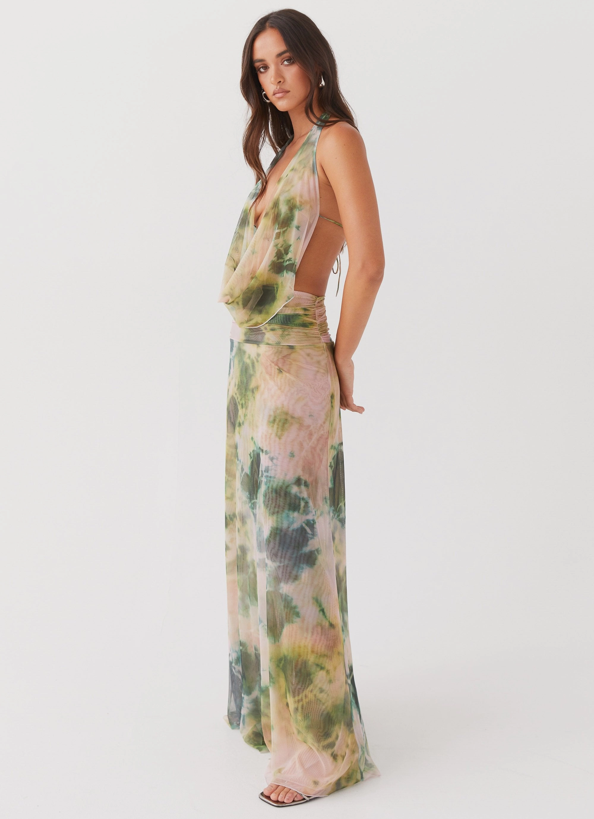 Elysia Mesh Maxi Dress - Rainforest Bow Soft Sleek Cut