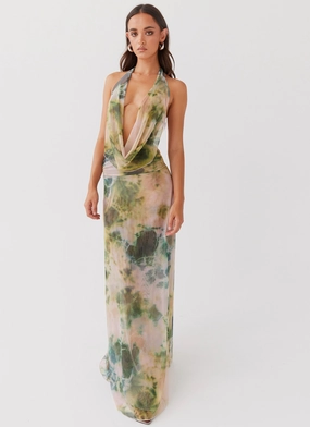 Sheer Panel Texture Flow Elysia Mesh Maxi Dress - Rainforest
