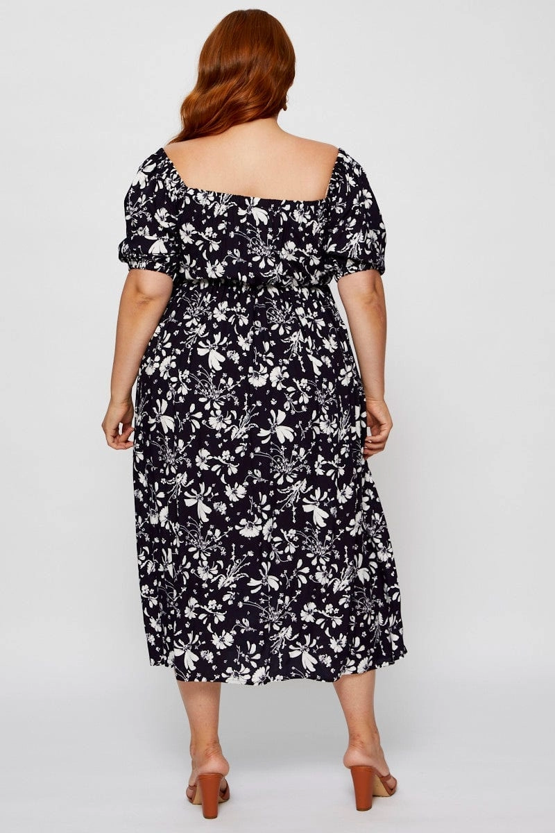 Floral Print Midi Dress V-neck Short Sleeve Sheer Element Front Detail