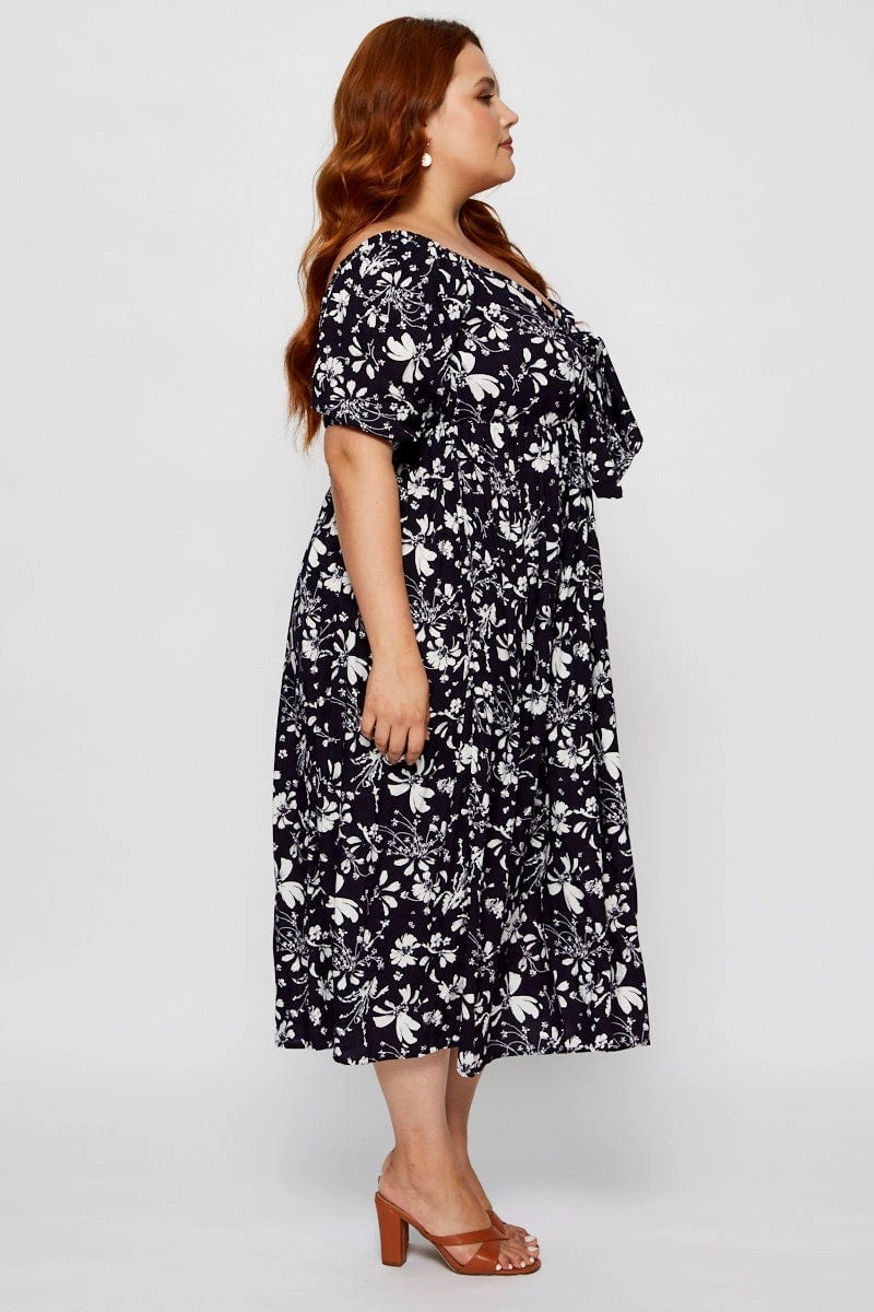 Floral Print Midi Dress V-neck Short Sleeve Gloss Finish Asymmetrical hem