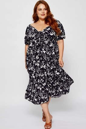 Floral Print Midi Dress V-neck Short Sleeve Urban Line Soft Cut