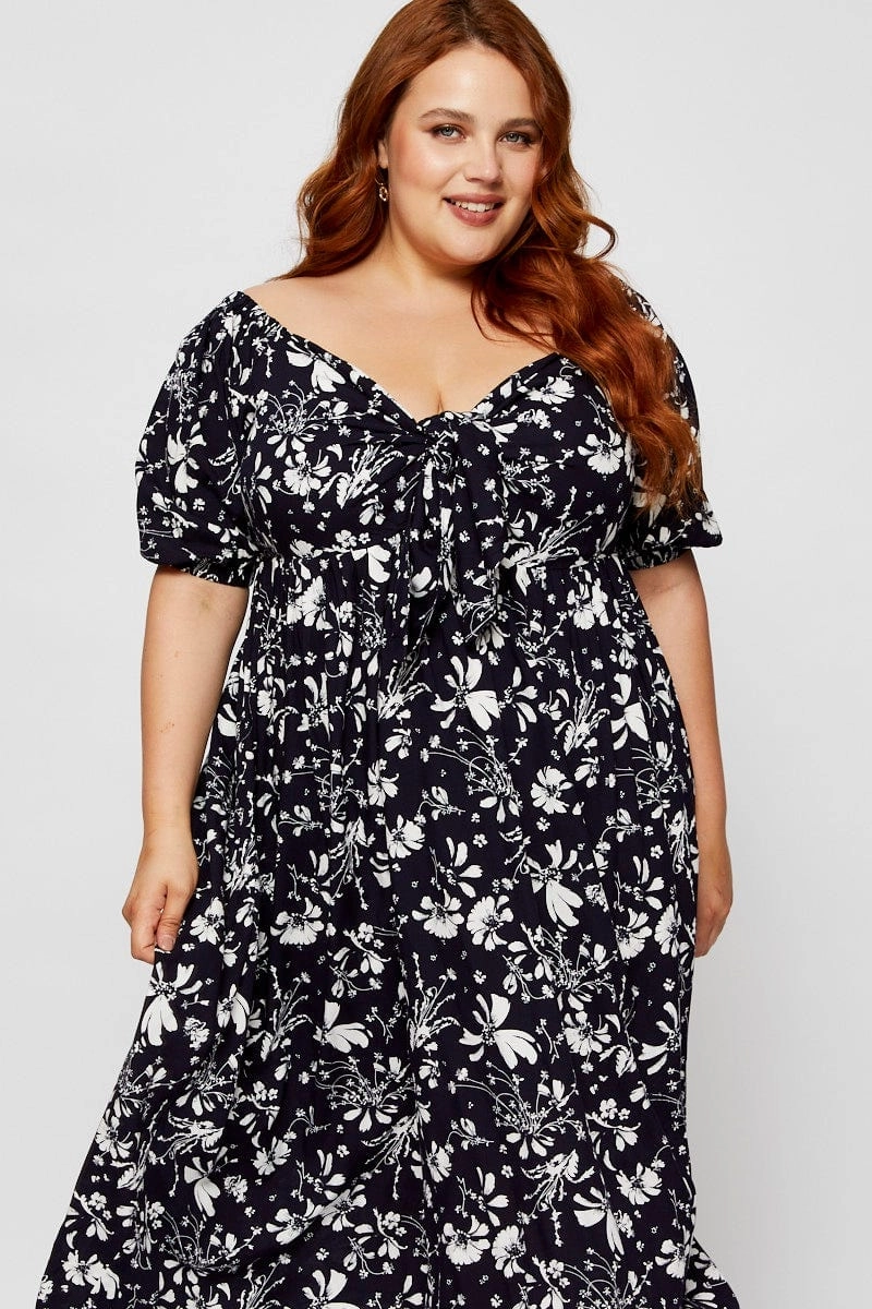 Vibrant Aesthetic Floral Print Midi Dress V-neck Short Sleeve