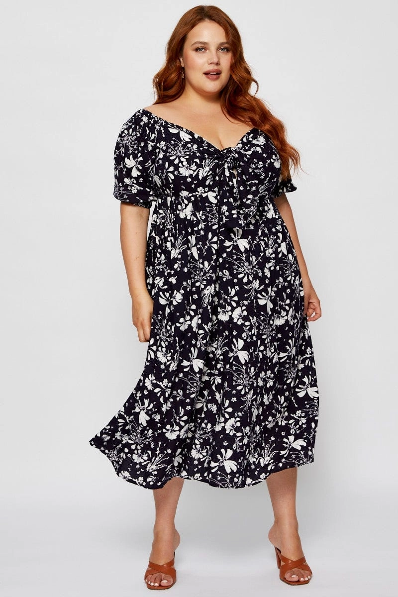 Festival-Ready Floral Print Midi Dress V-neck Short Sleeve