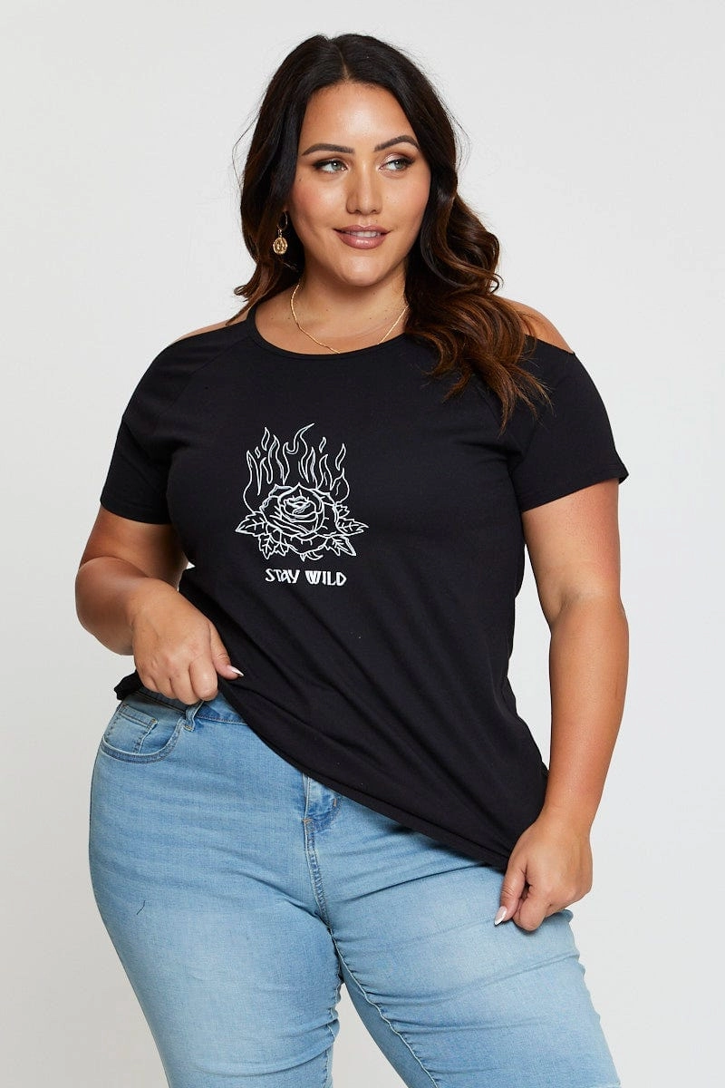 Active Wear Black Graphic T-shirt Stay Wild Crew Neck Short Sleeve