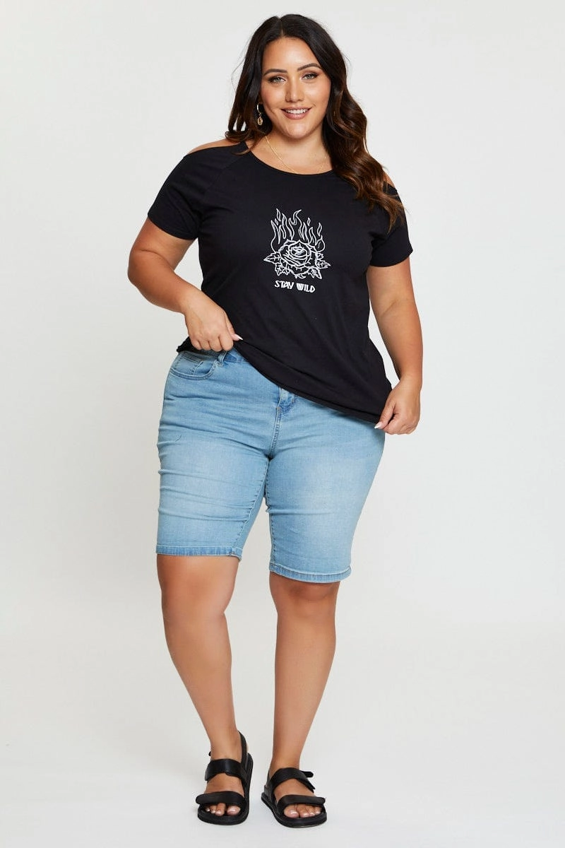Black Graphic T-shirt Stay Wild Crew Neck Short Sleeve Seasonal Layering Embroidered