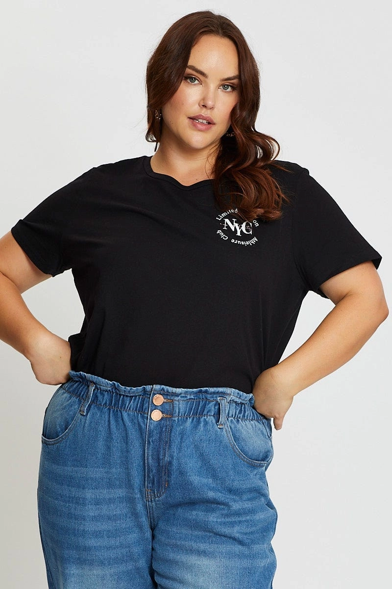 Soft Waistband Effortless Design Black Short Sleeve Nyc Graphic Print T-shirt