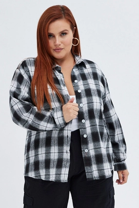 Polo Style Soft Stretch Collar Black Check Relaxed Shirt Long Sleeve
