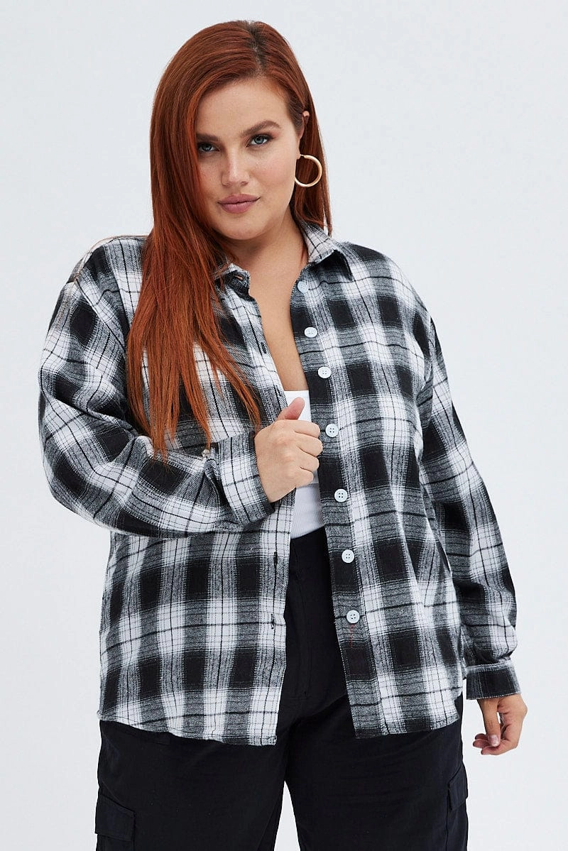 Polo Style Soft Stretch Collar Black Check Relaxed Shirt Long Sleeve