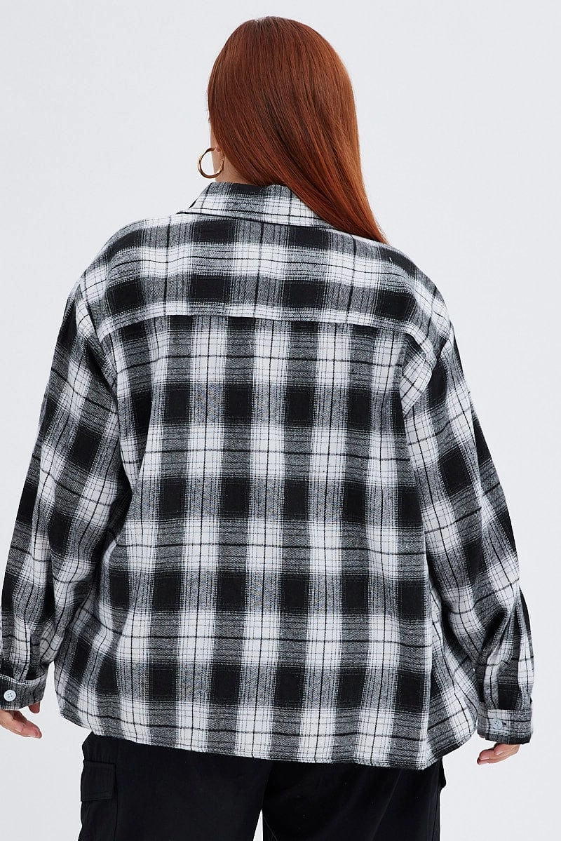 Military Inspired High-End Look Black Check Relaxed Shirt Long Sleeve