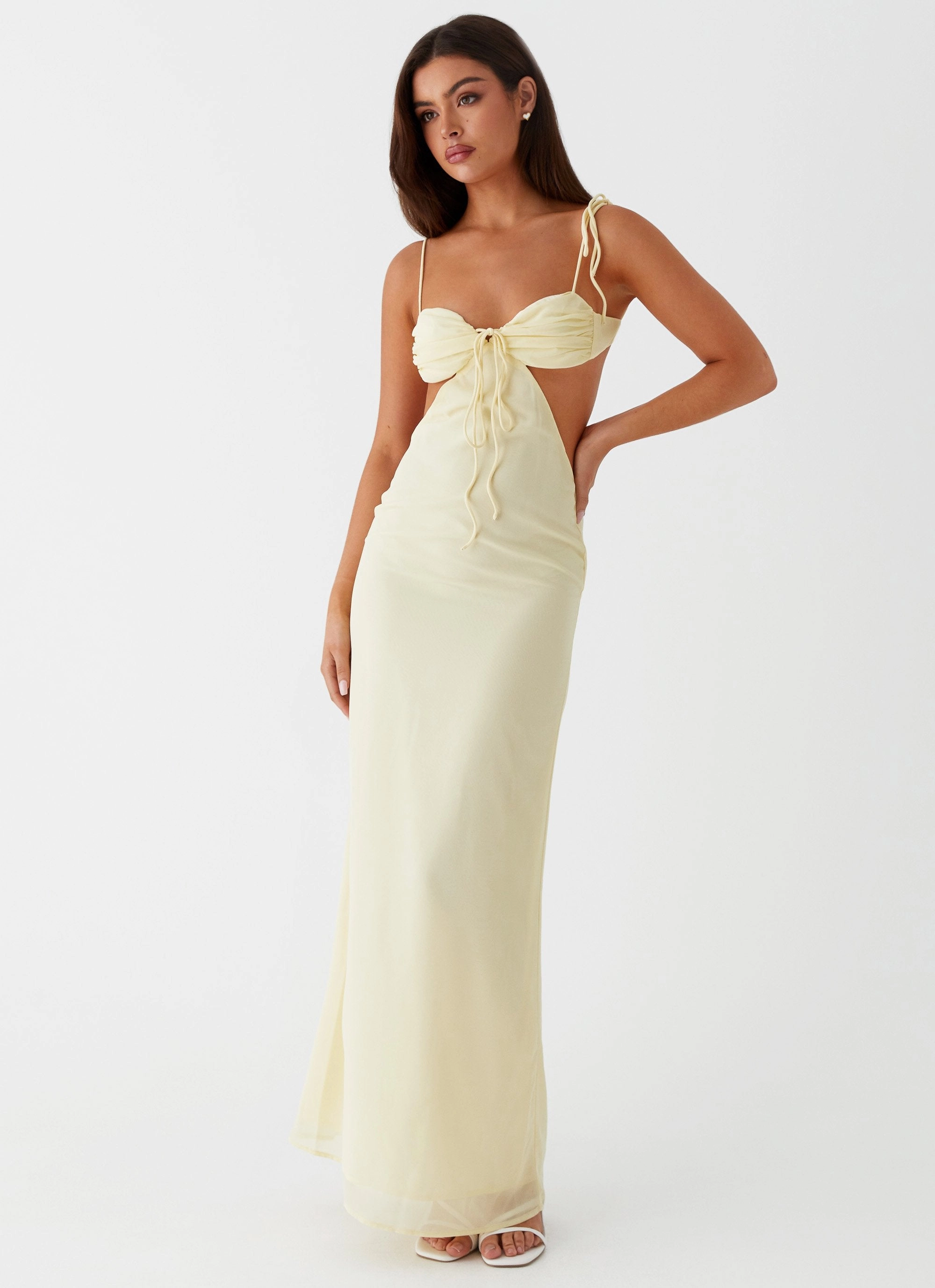Layer Safe and Effortless fit dress. Tyra Ruched Maxi Dress - Yellow