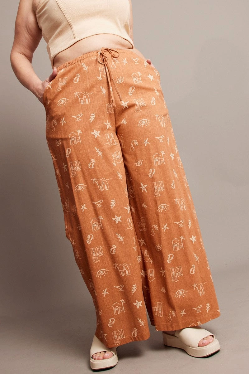 Machine washable Brown Abstract Wide Leg Pants High Rise