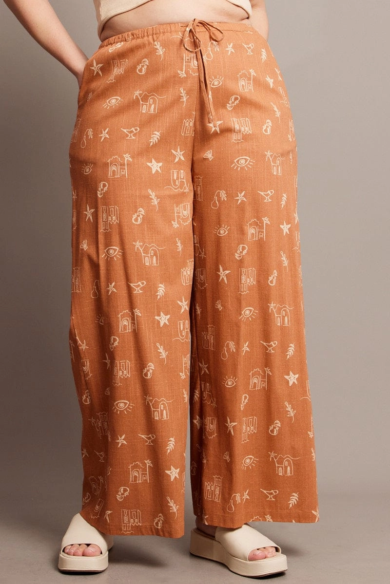 Active Lifestyle SustainableManufacturing Brown Abstract Wide Leg Pants High Rise