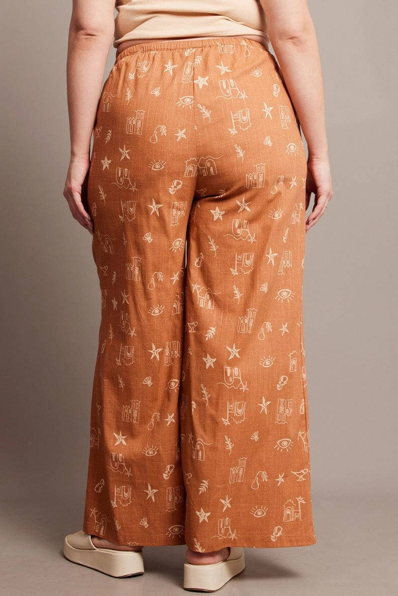 Brown Abstract Wide Leg Pants High Rise Long Wear Flexible Performance