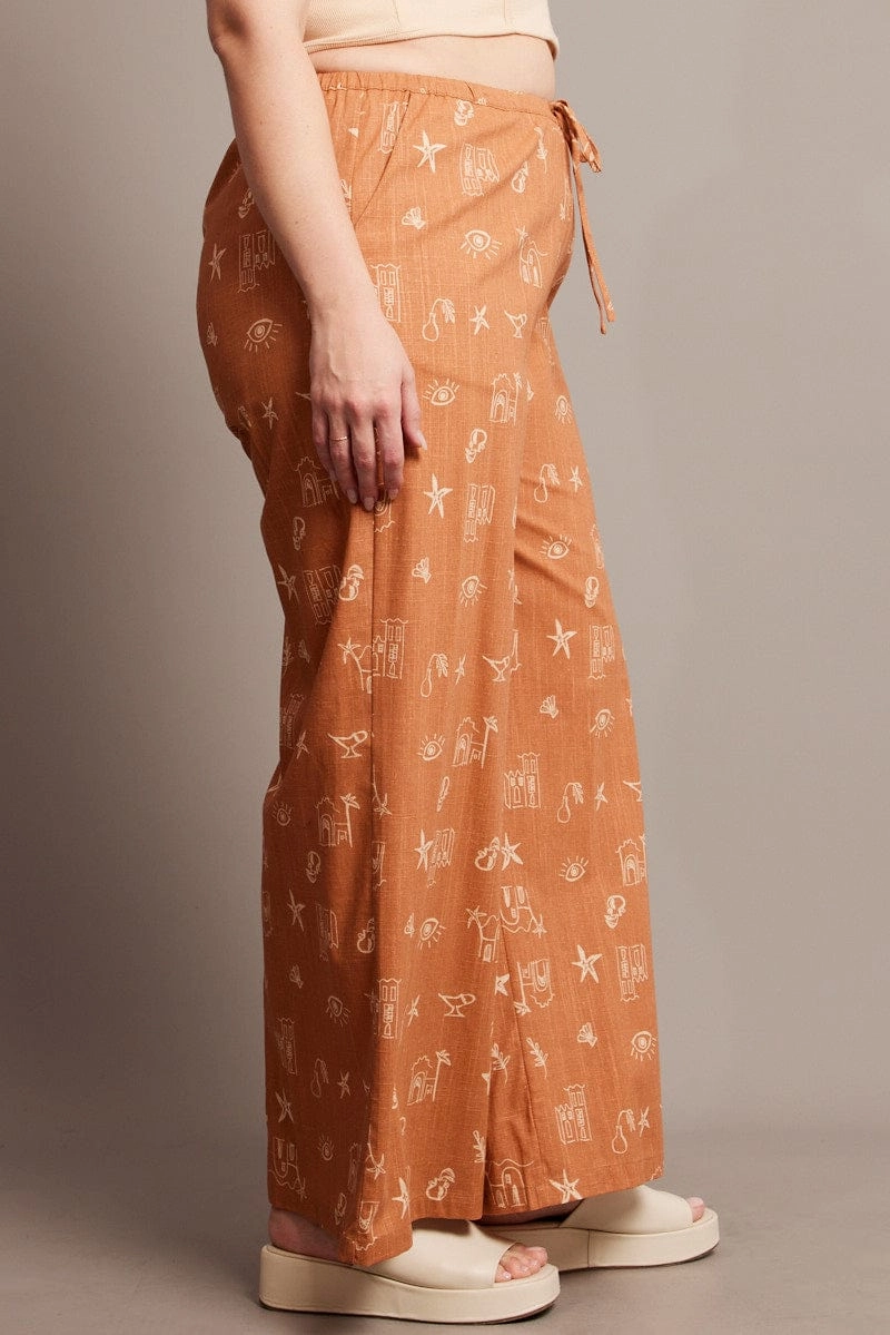 Comfortable Style Brown Abstract Wide Leg Pants High Rise