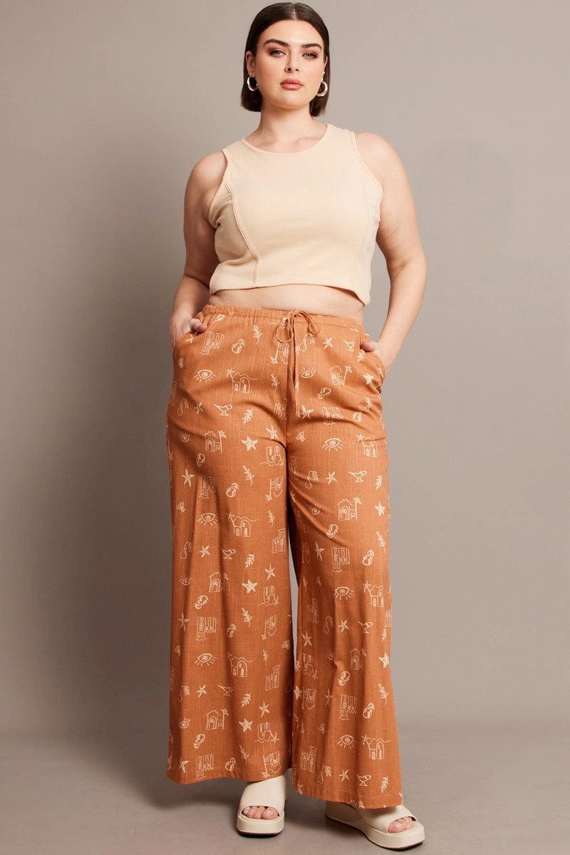 Quick Layer Stay Cool Brown Abstract Wide Leg Pants High Rise