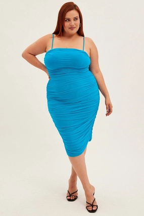 Blue Midi Dress Strapless Bodycon Mesh Ruched Side Flap-Detail