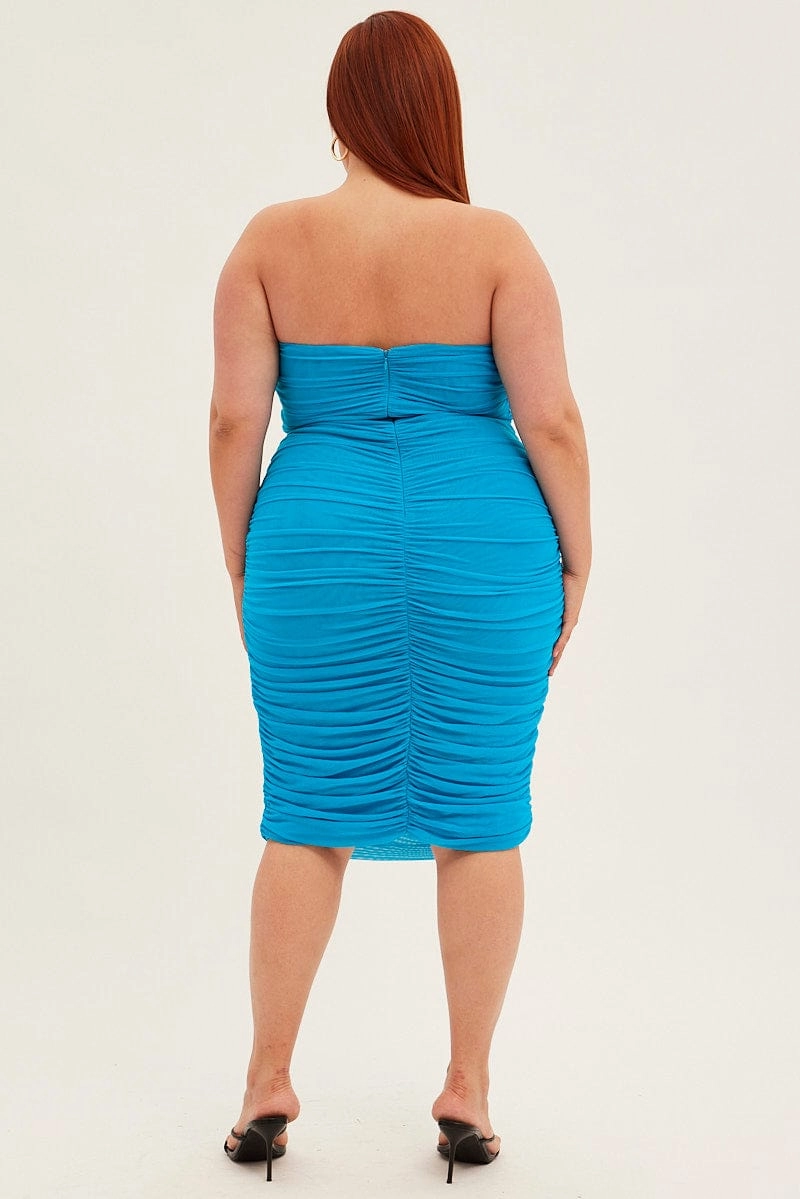 Blue Midi Dress Strapless Bodycon Mesh Ruched Side Celebrity-Inspired