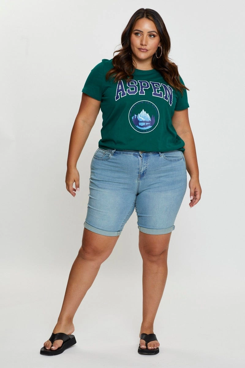 Wrinkle Resistant Cloth Green Graphic T-shirt Aspen Crew Neck Short Sleeve