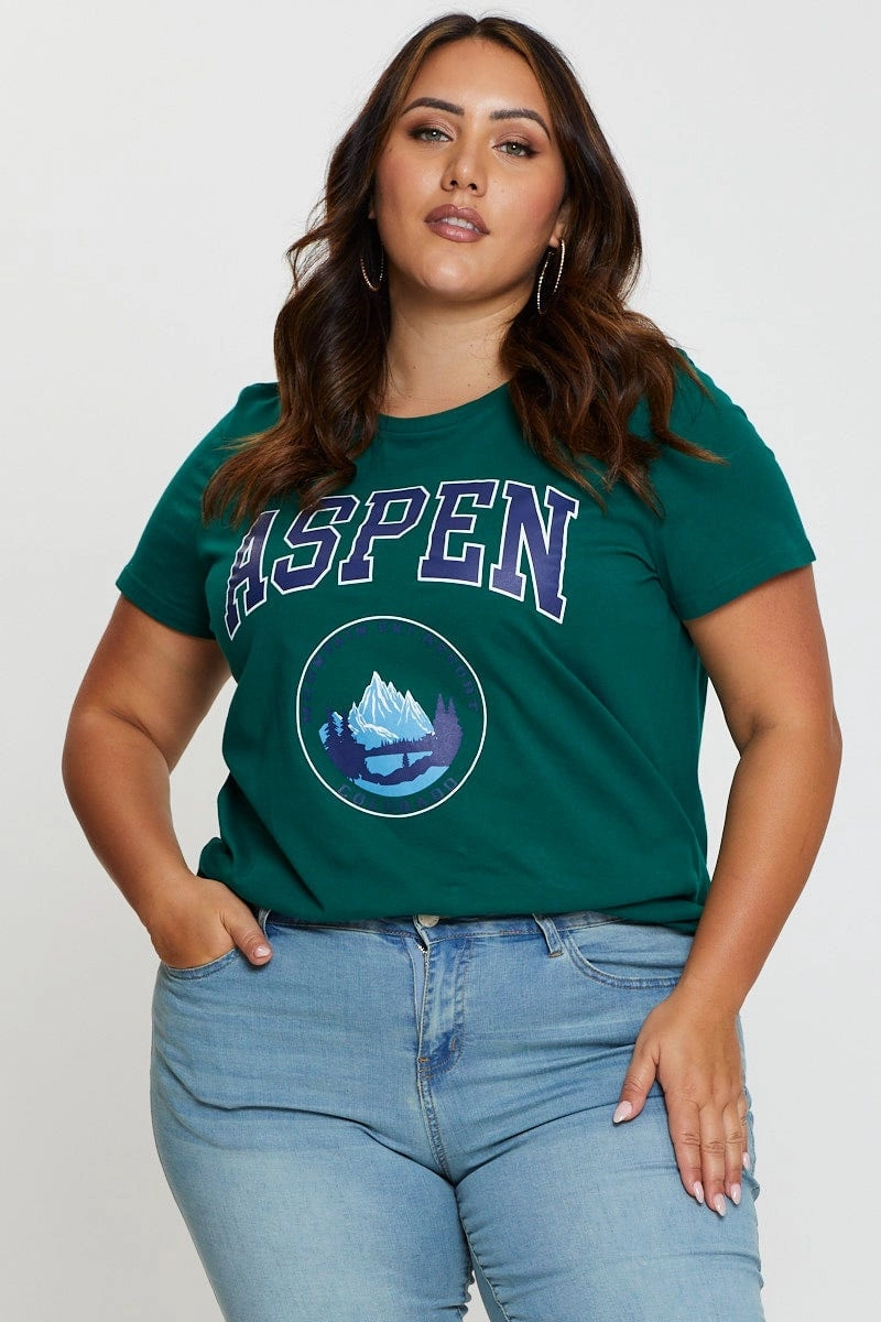cotton material Green Graphic T-shirt Aspen Crew Neck Short Sleeve