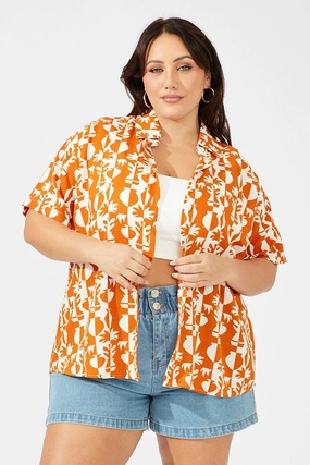 Dynamic Design Smooth zipper closure Brown Abstract Relaxed Shirt Short Sleeve Linen Blend