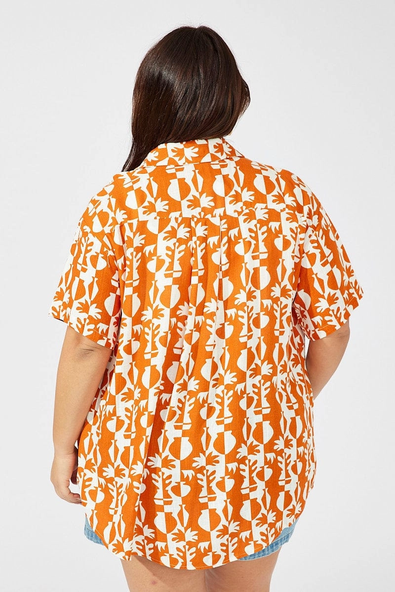 Brown Abstract Relaxed Shirt Short Sleeve Linen Blend Multipurpose Utility Exclusive Collection