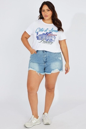 Micro Perforated Fabric White Graphic T-shirt Short Sleeve Crew Neck