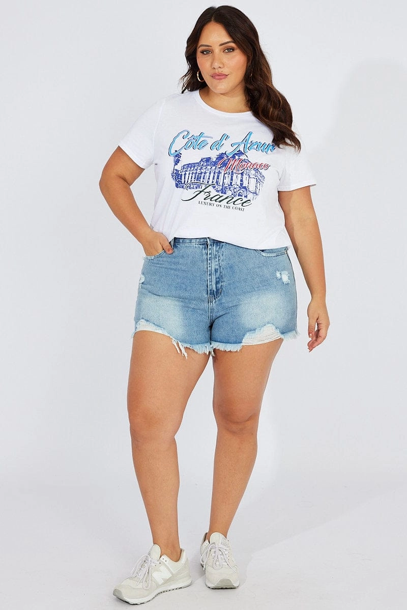 Micro Perforated Fabric White Graphic T-shirt Short Sleeve Crew Neck