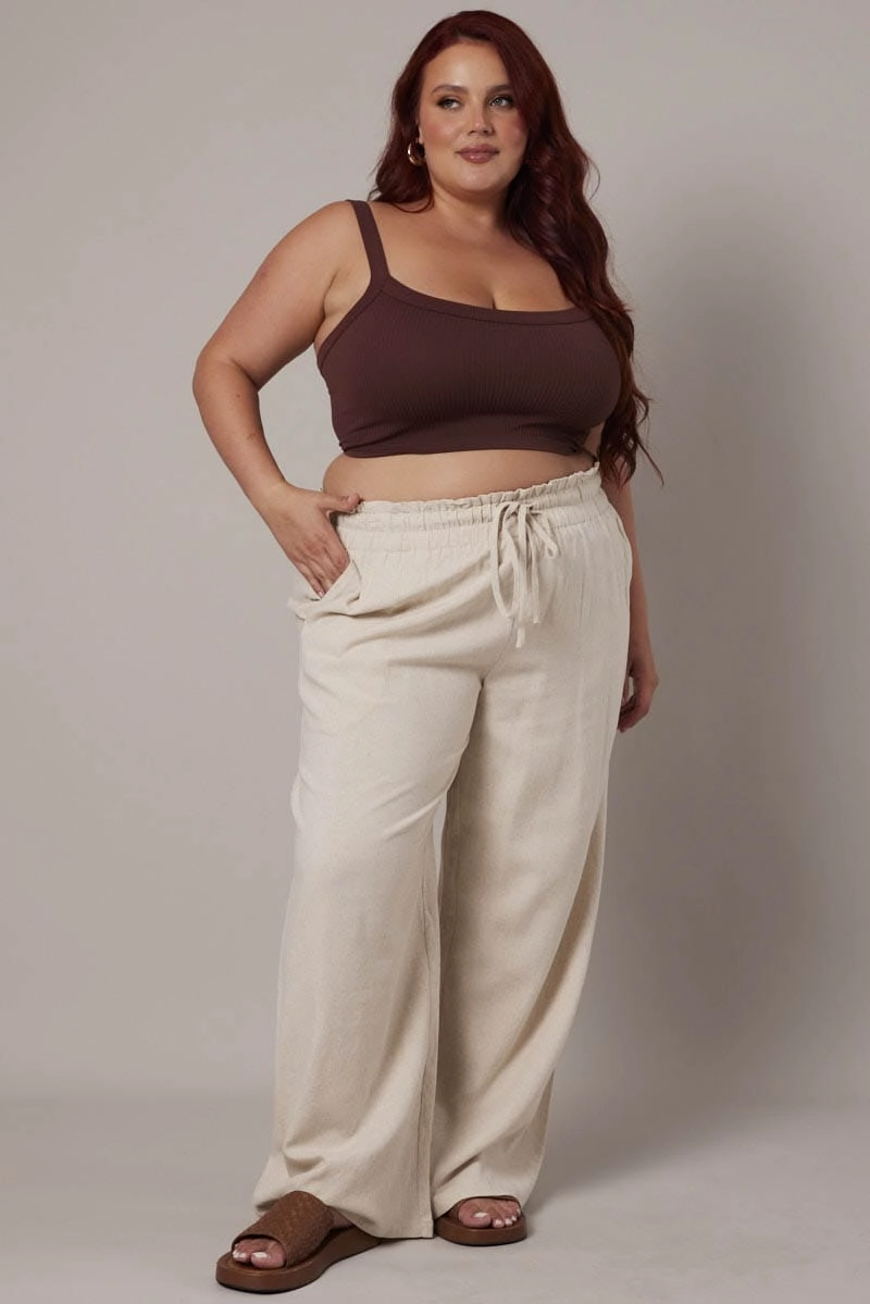 Flex Fit Design Beige Wideleg Pants Paperbag Elastic Waist Linen Blend