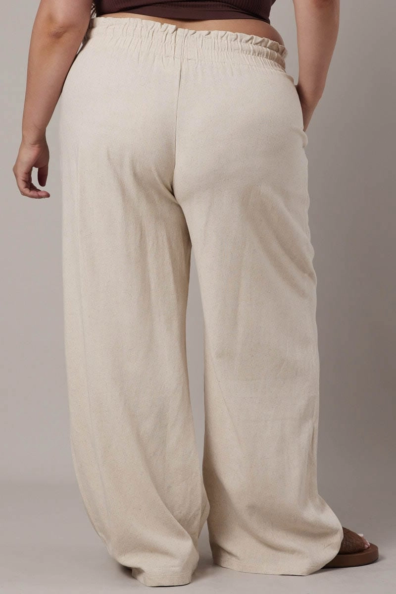 Lightweight Layer Beige Wideleg Pants Paperbag Elastic Waist Linen Blend