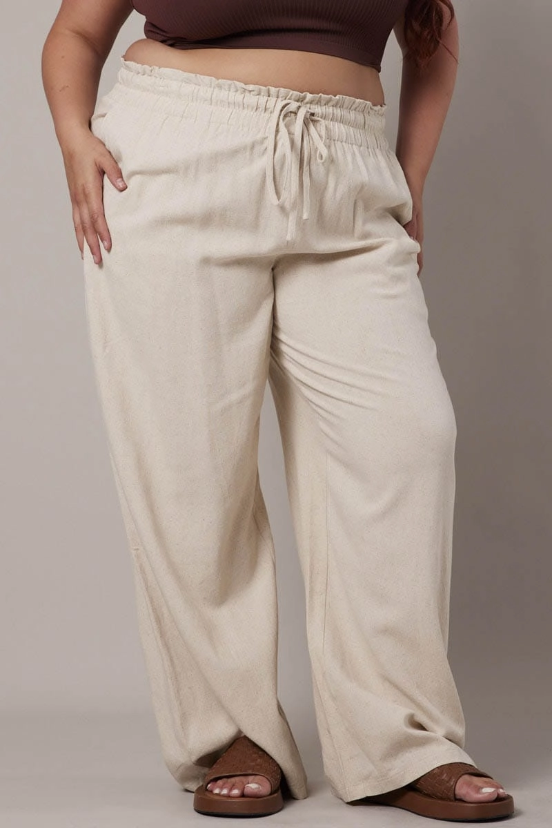 Soft and Light Core Stretch Beige Wideleg Pants Paperbag Elastic Waist Linen Blend