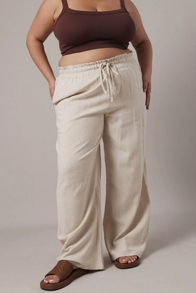 Breathable mesh design Beige Wideleg Pants Paperbag Elastic Waist Linen Blend