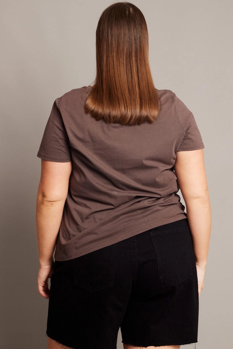 Microfiber Blend Brown Graphic T-shirt Short Sleeve Crew Neck