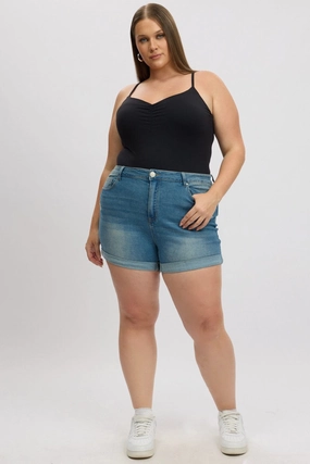 Denim Skinny Shorts High Rise Stretched Comfy Look belt