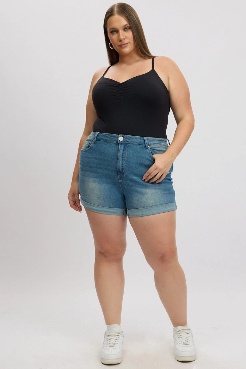 Denim Skinny Shorts High Rise Stretched Comfy Look belt