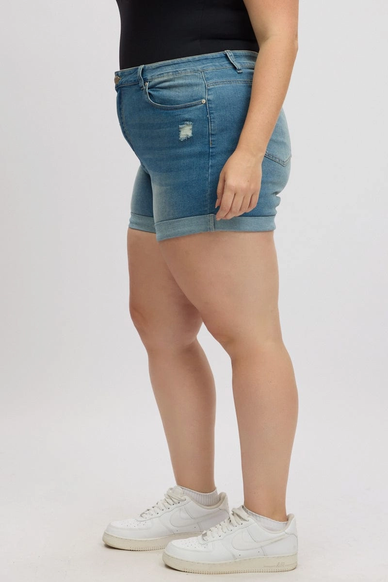 Denim Skinny Shorts High Rise Stretched Flatlock stitching Hand washable