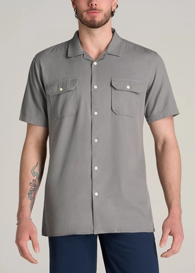 LJ&S Two-Pocket Camp Shirt for Tall Men in Pewter DoubleLayeredShoulders Non Irritating Label
