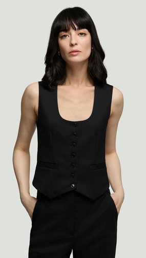 Scoop Neck Waistcoat in Seasonless Wool | Black Snag Proof Weave