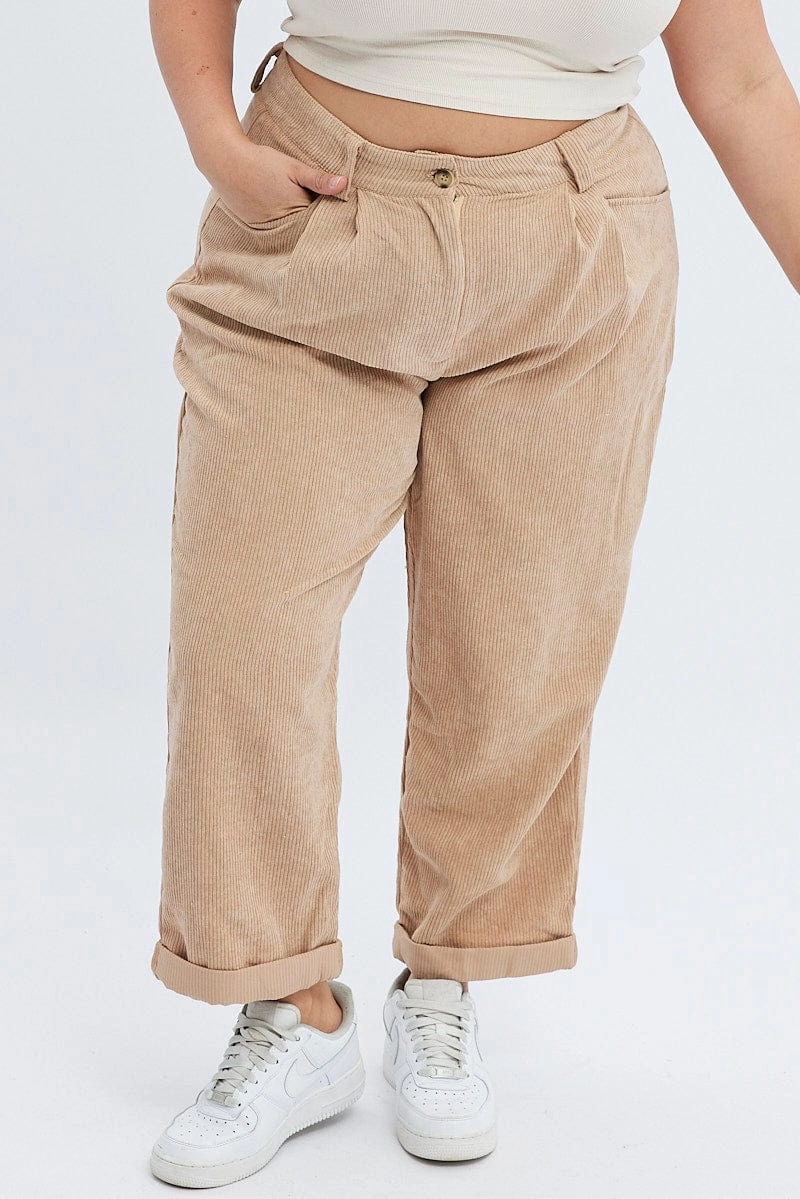 Camel Corduroy Pants Tapered Pleat Front Comfy Essentials Wear smooth zipper