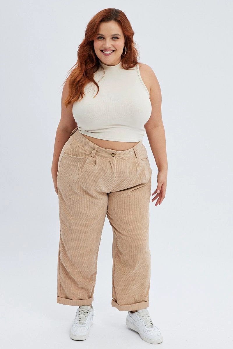 Durable Seam Construction Camel Corduroy Pants Tapered Pleat Front