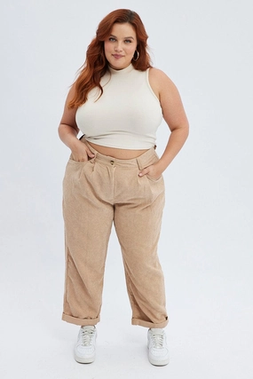 Adjustable Belt Loops Secure Cuff Design Camel Corduroy Pants Tapered Pleat Front