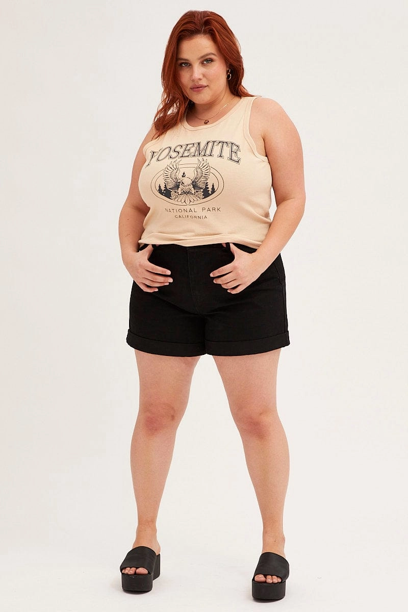 Comfortable Fit Wear Modern Style Trend Beige Graphic Tank Top Crew Neck Sleeveless