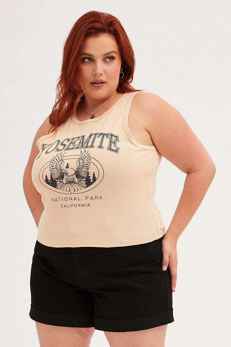 Relaxed Fit Beige Graphic Tank Top Crew Neck Sleeveless