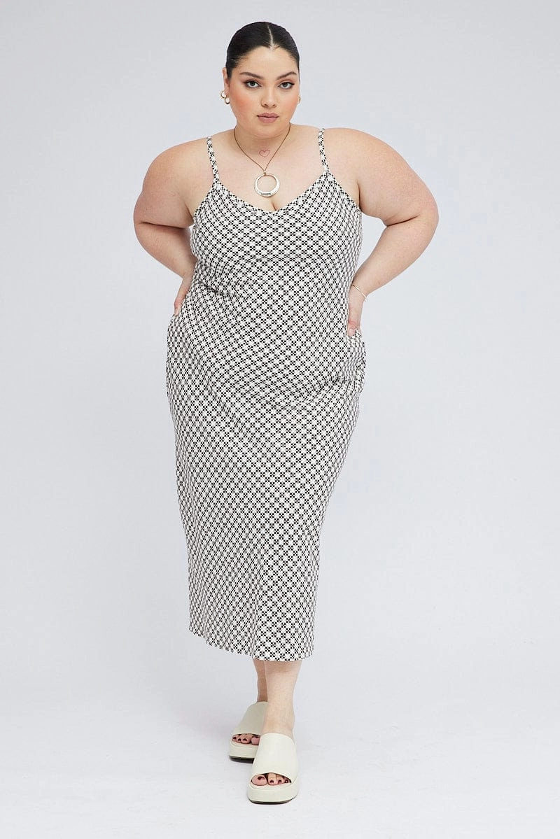 Lounge Texture Vibrant pattern Brown Geo Midi Slip Dress Linen Blend