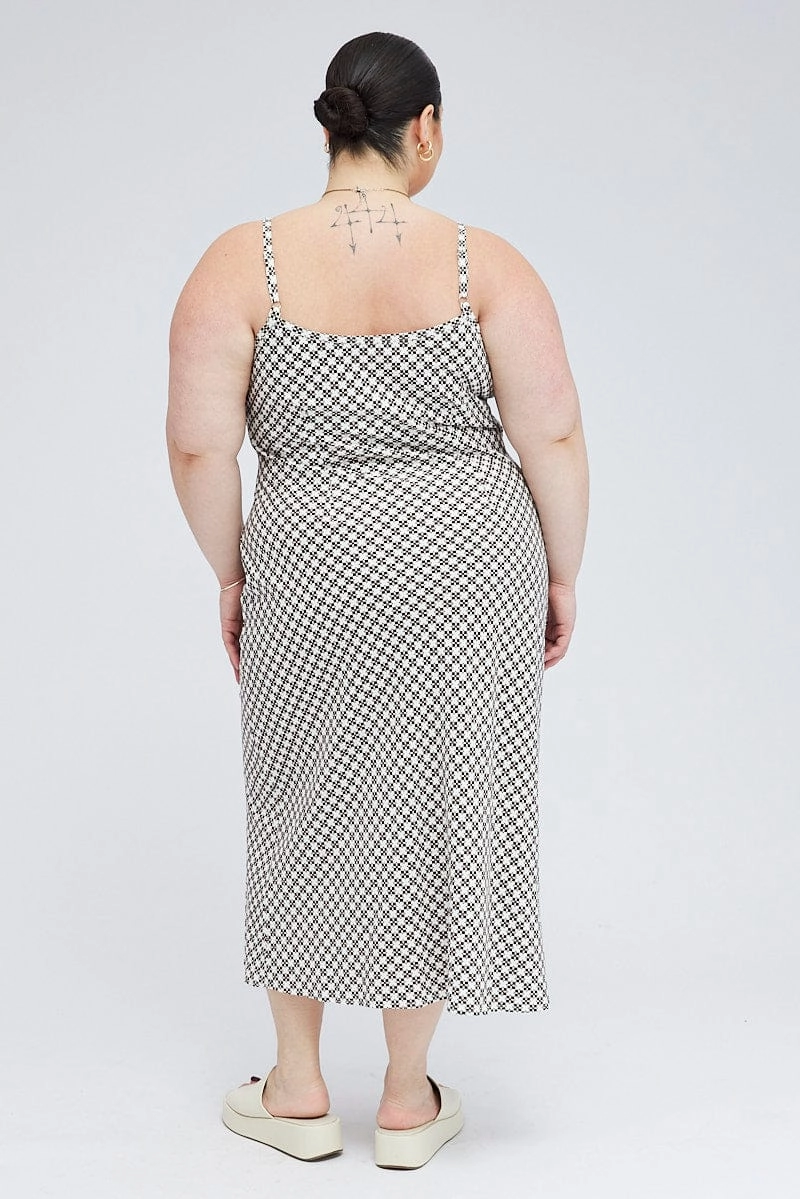 Brown Geo Midi Slip Dress Linen Blend Tonal-Stitching Breathable Style
