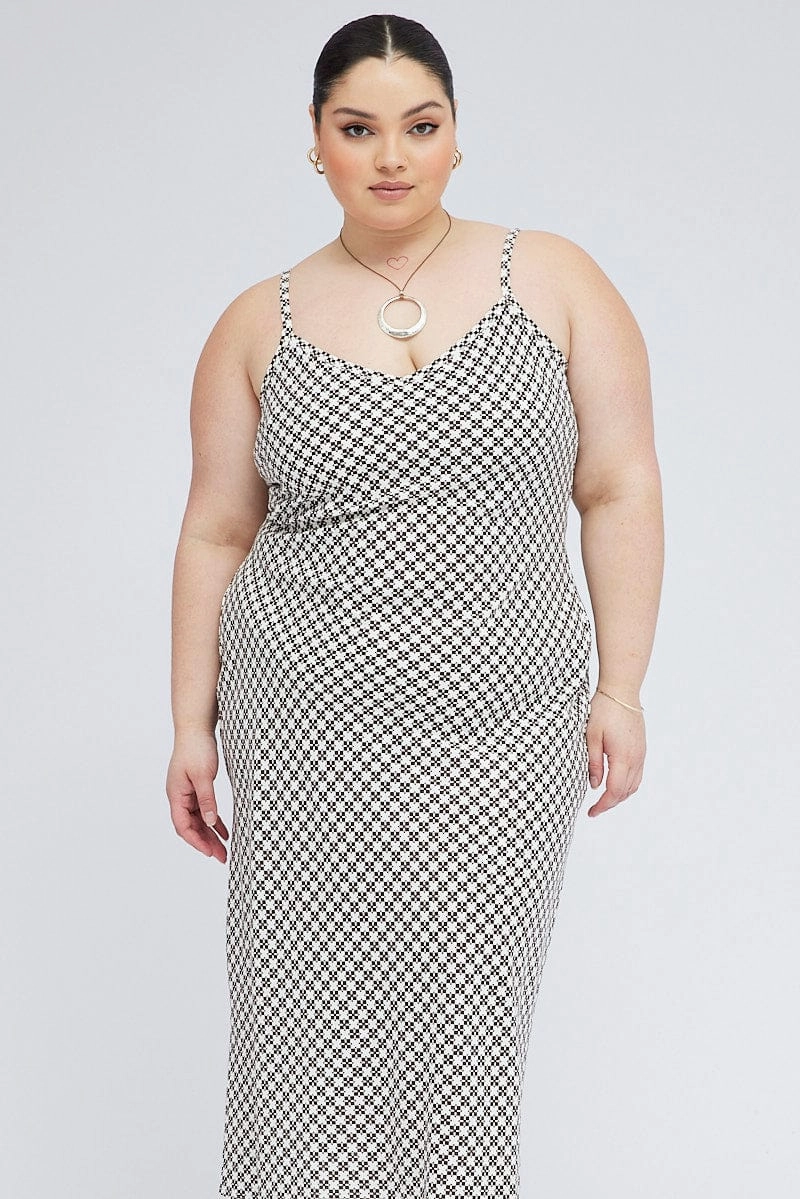 Airy Fabric Brown Geo Midi Slip Dress Linen Blend