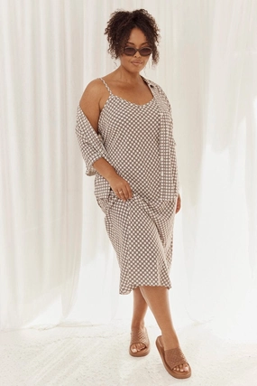 Clean Outfit Brown Geo Midi Slip Dress Linen Blend