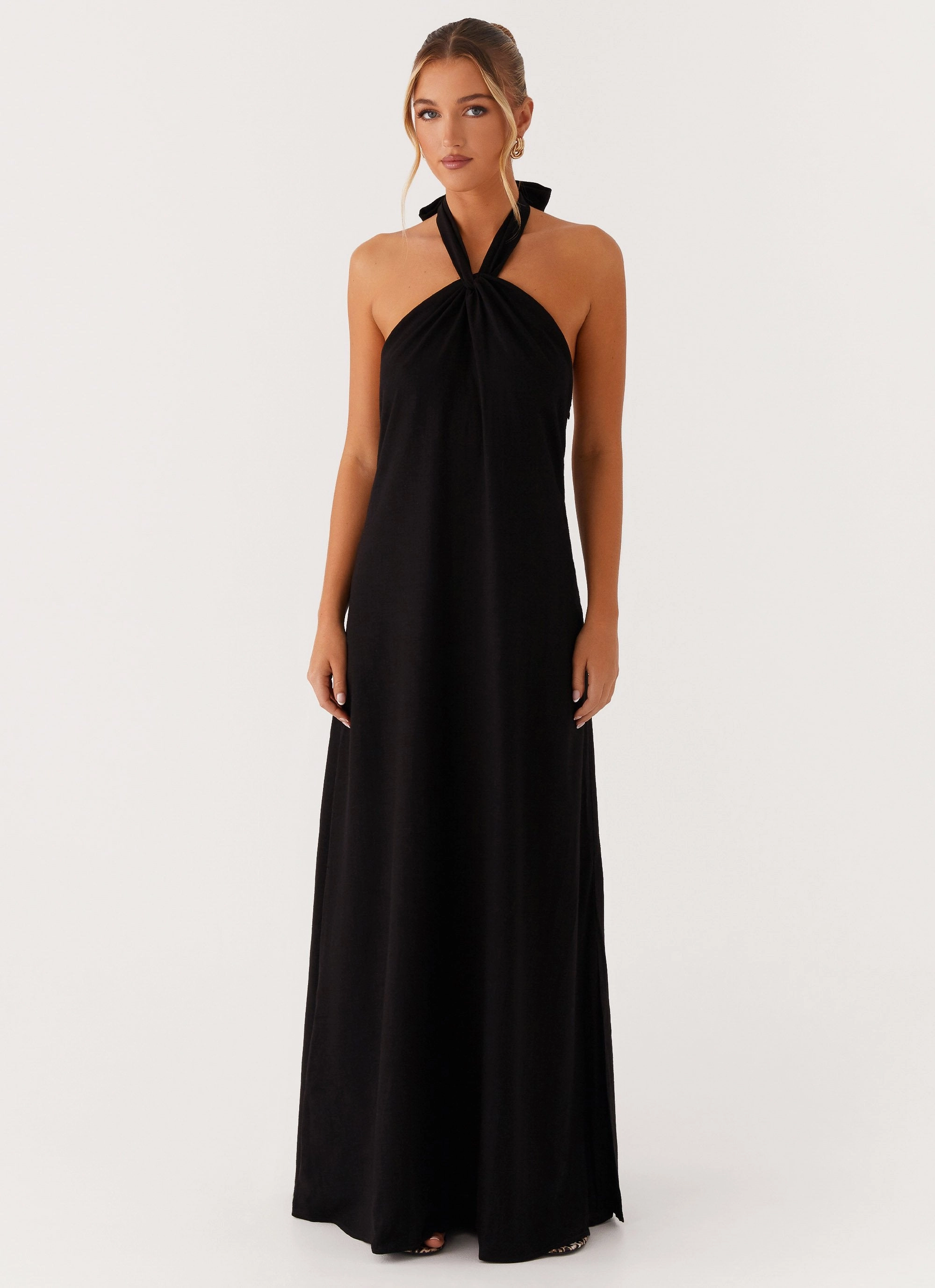 Golden Child Linen Maxi Dress - Black Bow Glow