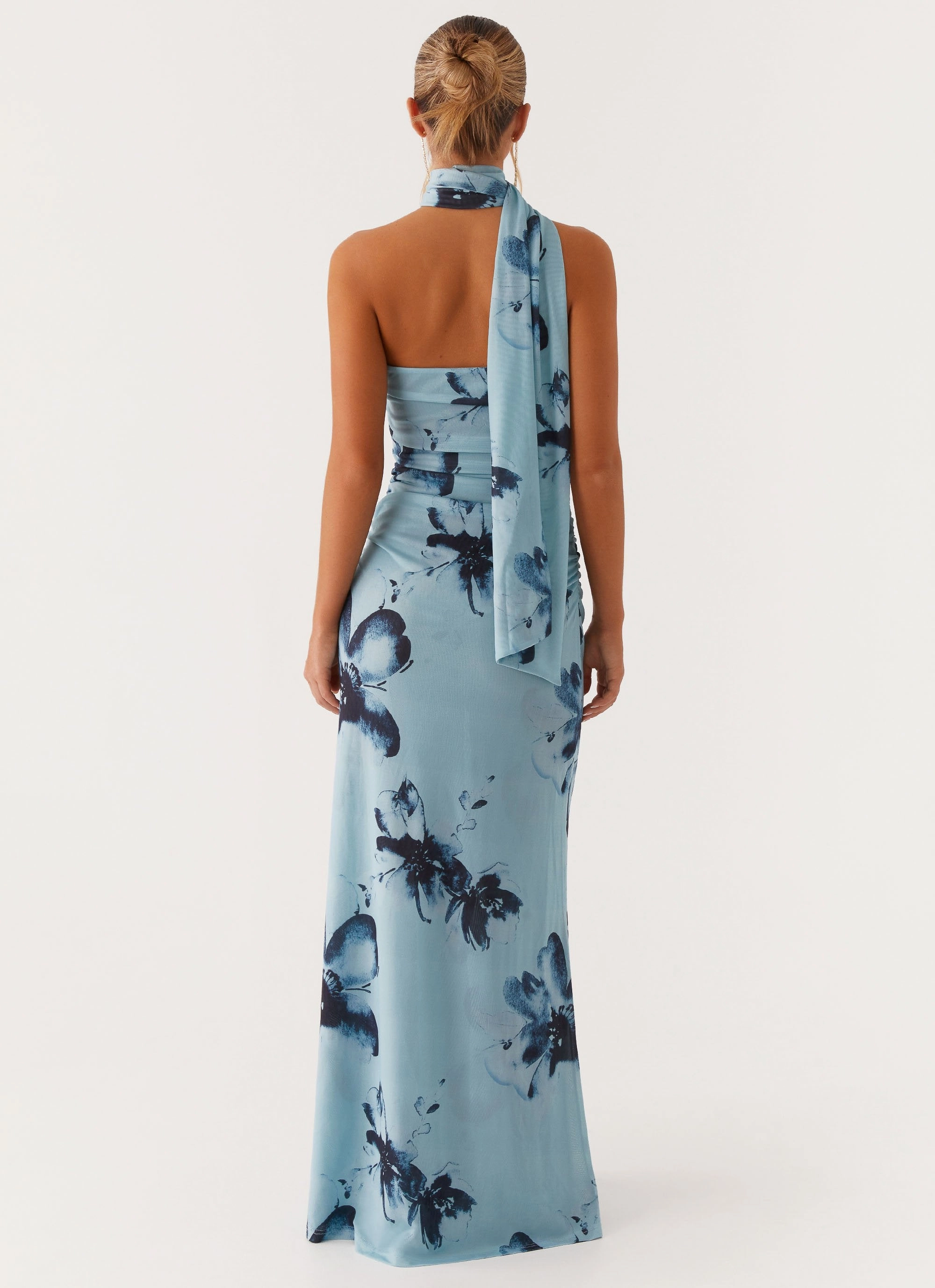 Songbird Maxi Dress - Blue Black Floral Wrap-Style Tactile Feel