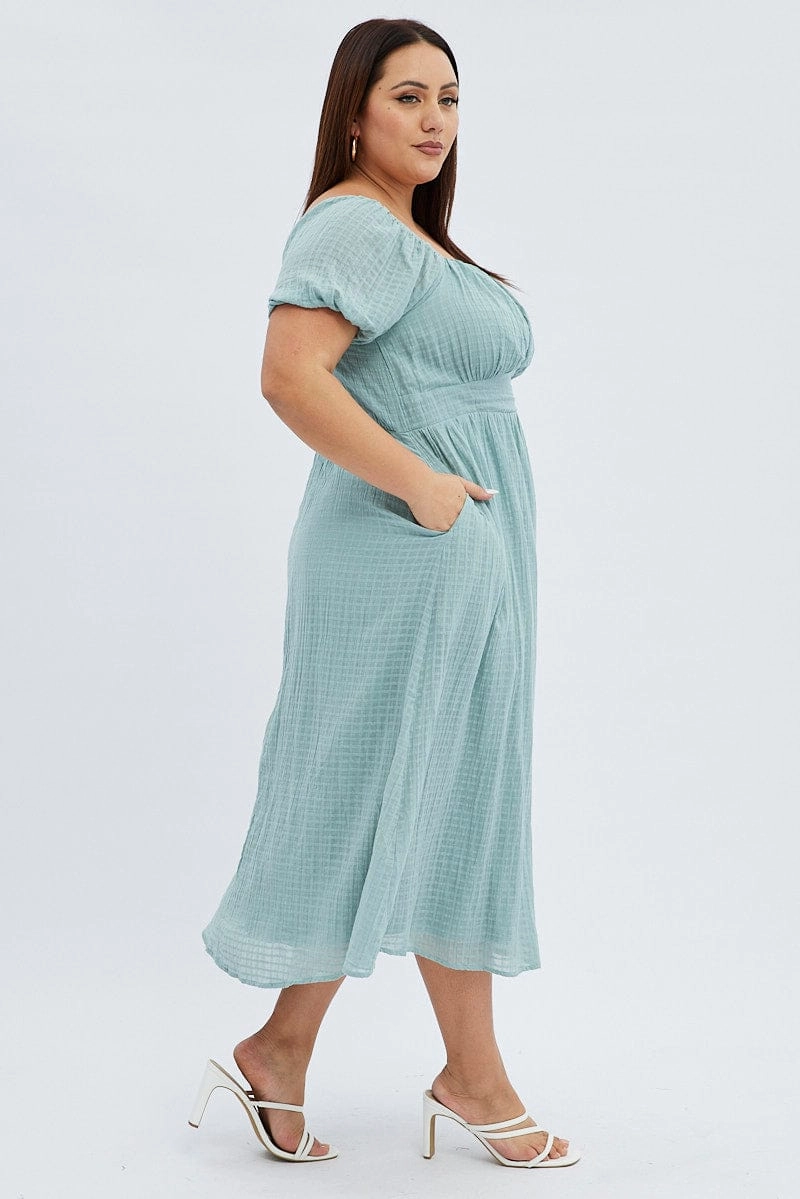 Green Midi Dress Check Cotton Puff Sleeve Gender Fluid